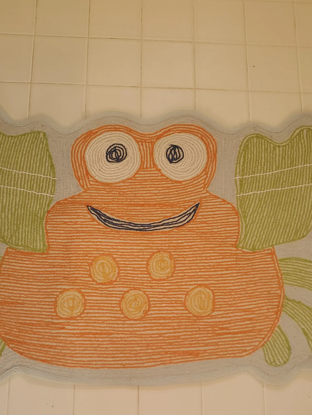 Orange Frog Plush Bath Rug with Blue Eyes and Yellow Spots